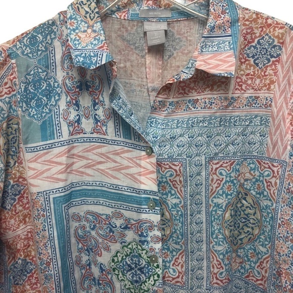 Chico’s Linen Coastal Tile Pastel Paisley Long Sleeve Blouse Chico 2 Women’s 12 - Picture 7 of 15